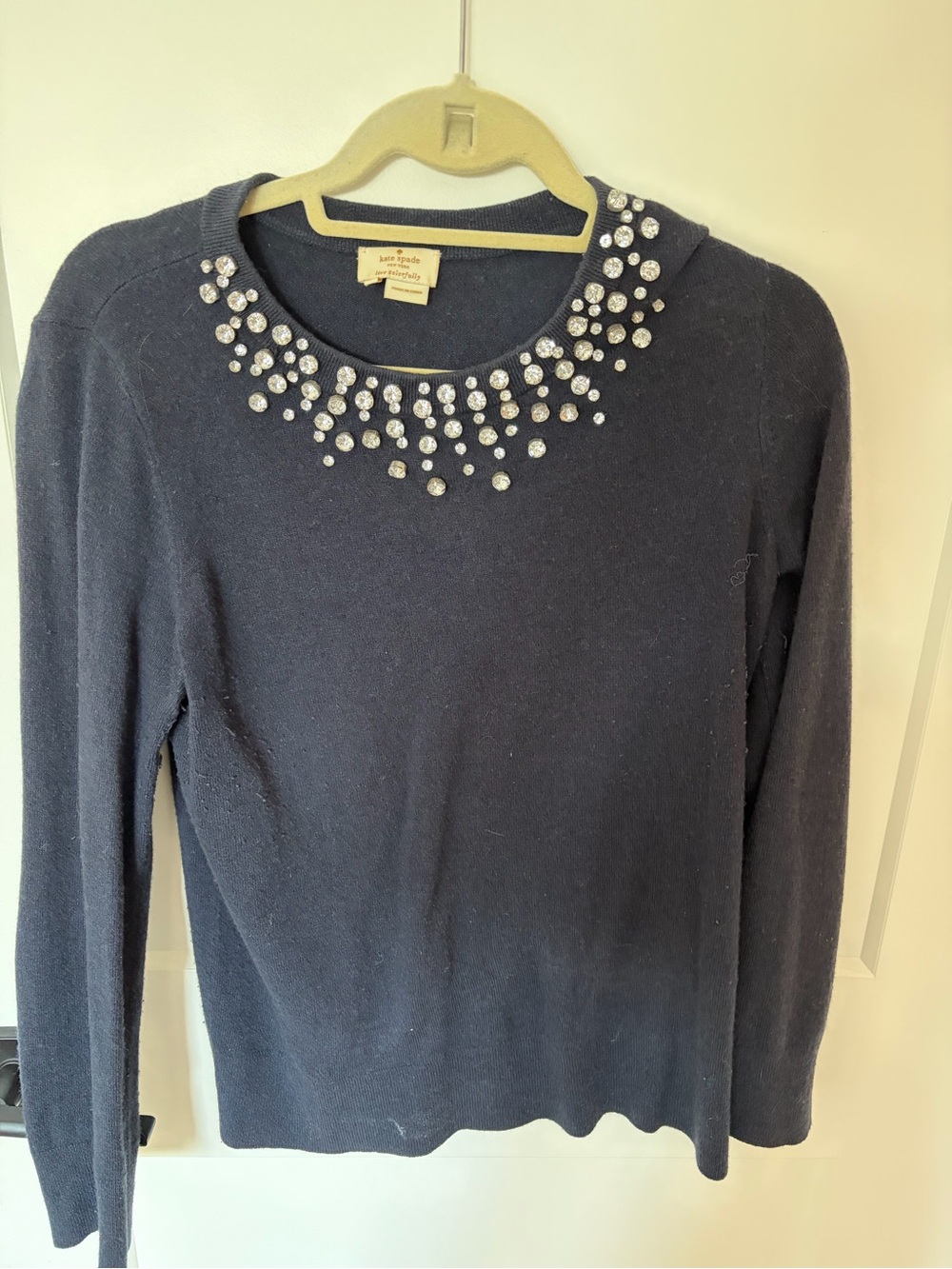 kate spade navy crystal-embellished wool-cashmere blend crewneck sweater